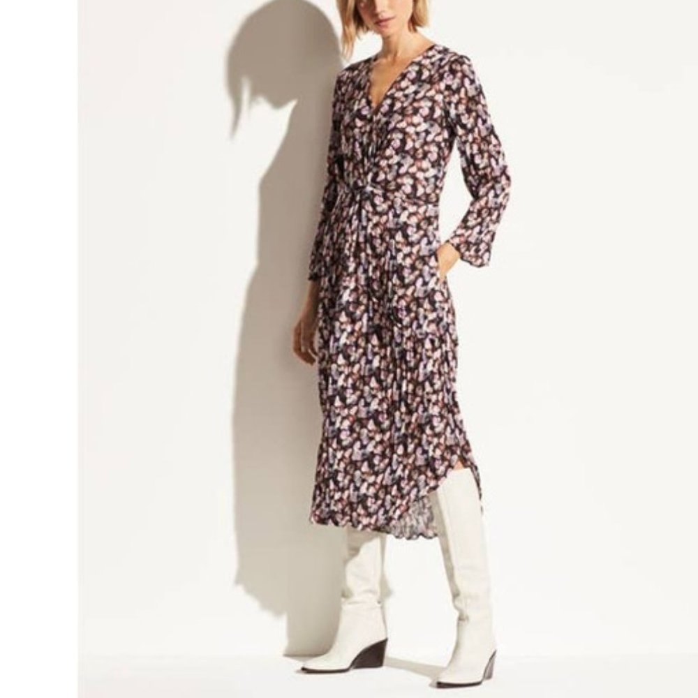 Vince micro painted floral twist drape midi dress